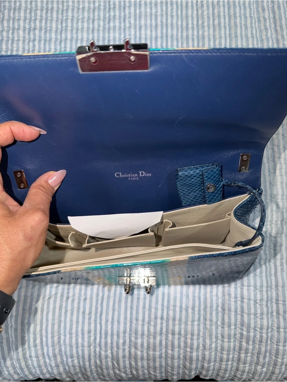 Cristian Dior Blue Teal Cream Python-Embossed Crossbody Bag